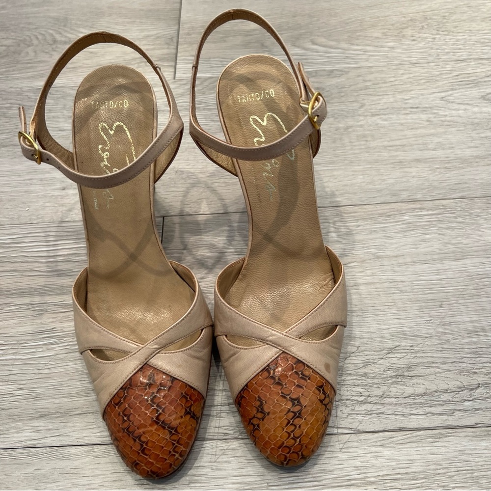 VINTAGE PUMPS 60s EVINS Heels Leather Snakeskin Tan Saddle 6M Made in Italy - Picture 6 of 15